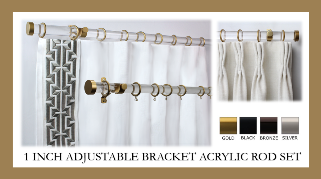 1 Inch Acrylic Lucite Round Drapery Rod Set - Includes Curtain Rod, Adjustable Brackets, Rings, and End Caps