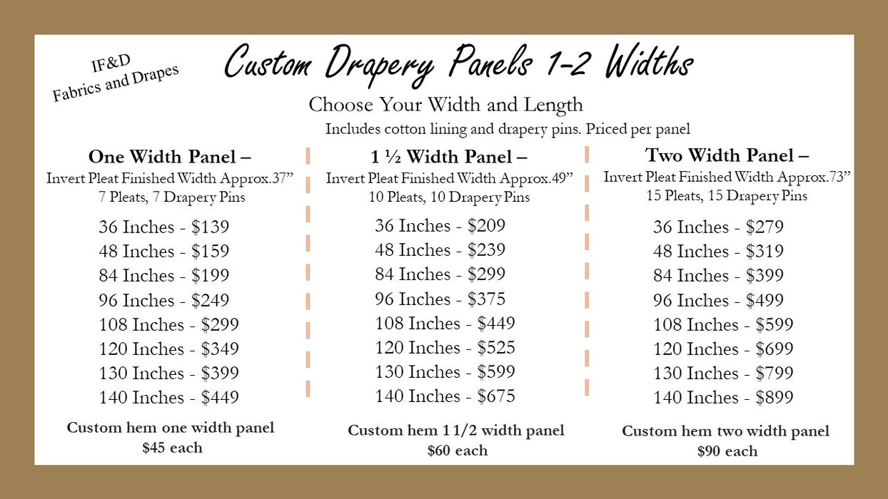 Inverted Pleat - Custom Linen Drapery Panel with Cotton Lining - 1, 1 1/2, and 2 Widths - 6 Lengths , 9 Colors - Free Samples