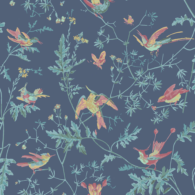 COLE & SON - HUMMINGBIRDS- INDIGO MULTI-COLOUR - Wallcovering by the Roll INDIGO MULTI-COLOUR