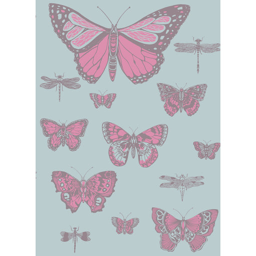 COLE & SON - BUTTERFLIES & DRAGONFLIES- PINK ON BLUE - Wallcovering by the Roll PINK ON BLUE