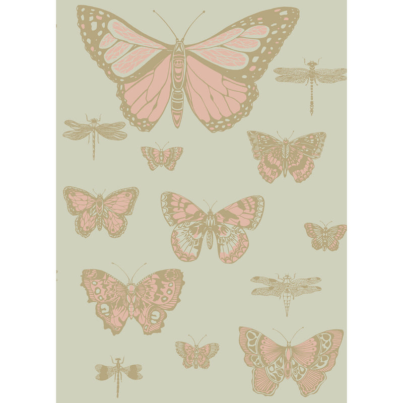 COLE & SON - BUTTERFLIES & DRAGONFLIES- PINK ON OLIV - Wallcovering by the Roll PINK ON OLIV
