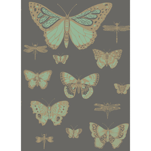 COLE & SON - BUTTERFLIES & DRAGONFLIES- GREEN ON CHAR - Wallcovering by the Roll GREEN ON CHAR