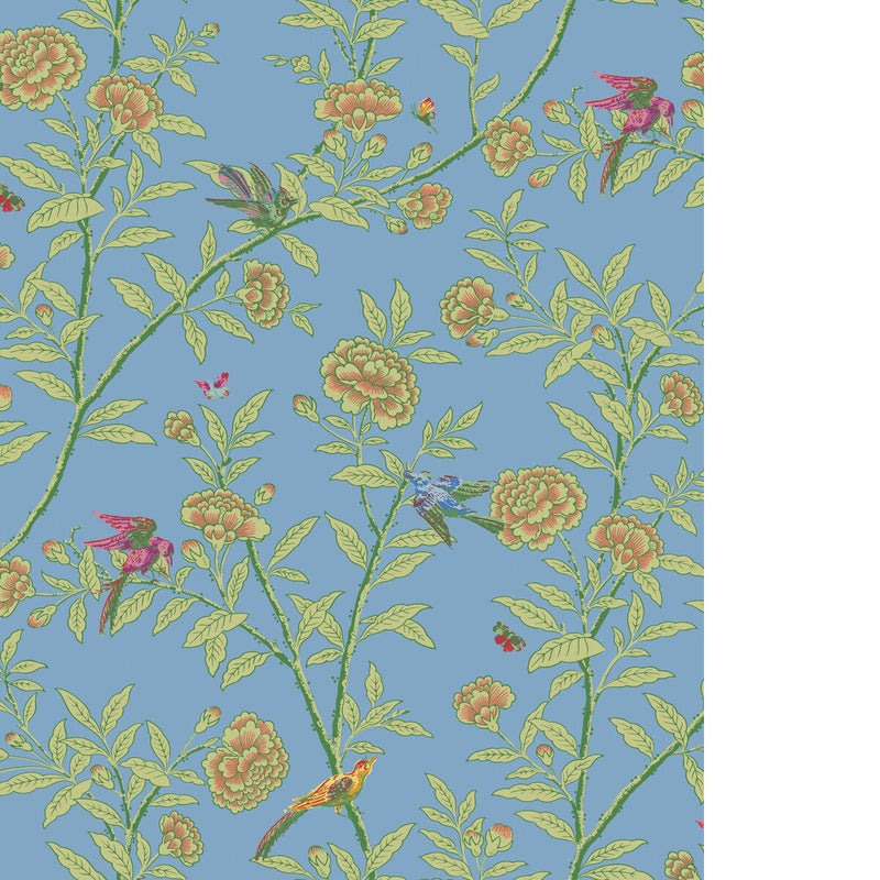 COLE & SON - ROSEBERRY WITH BIRDS - BLUE - Wallpaper By The ROLL