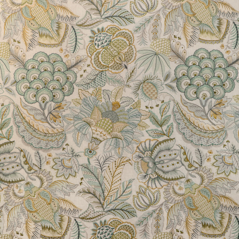 LEE JOFA - EDEN EMB- AQUA/GOLD - Fabric by the Yard AQUA/GOLD