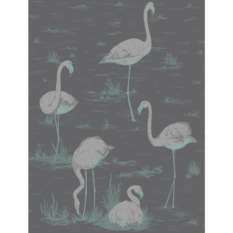 COLE & SON - FLAMINGOS- TEAL/SLVR/BK - Wallcovering by the Roll TEAL/SLVR/BK