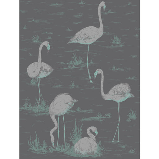 COLE & SON - FLAMINGOS- TEAL/SLVR/BK - Wallcovering by the Roll TEAL/SLVR/BK