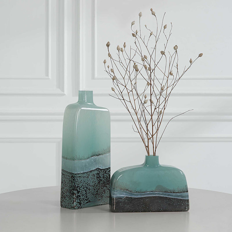 Uttermost Fuze Aqua & Bronze Vases Set Of 2