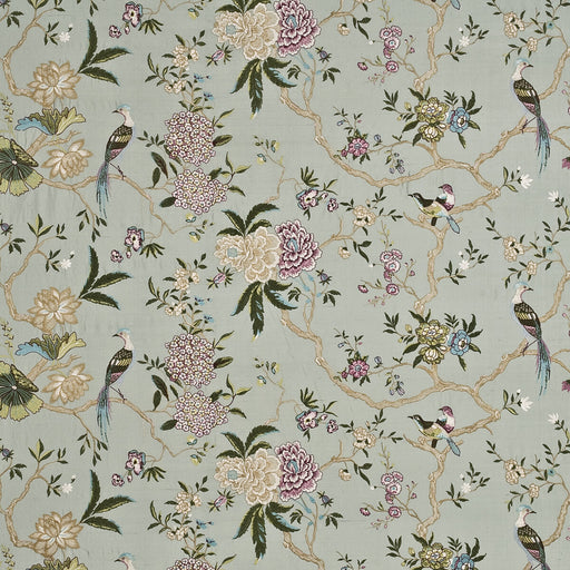 G P & J BAKER - ORIENTAL BIRD EMBROIDERY SILK- AQUA/MULTI - Fabric by the Yard AQUA/MULTI