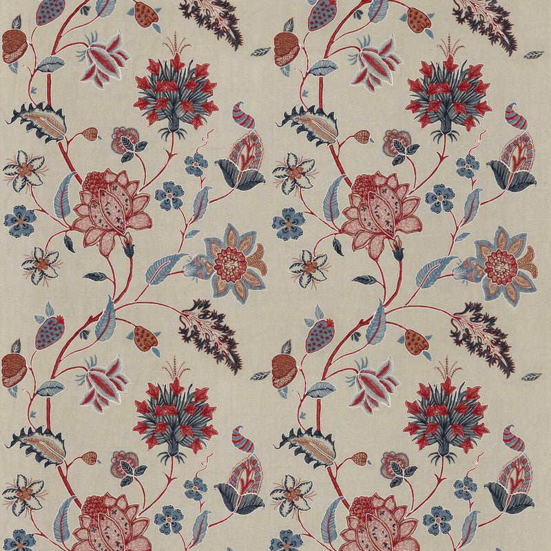 G P & J BAKER - BAKER'S INDIENNE EMBROIDERY- INDIGO/RED - Fabric by the Yard INDIGO/RED
