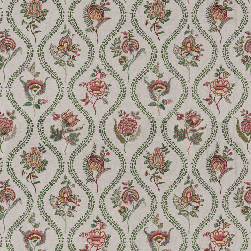G P & J BAKER - BURFORD EMBROIDERY- EMERALD/RED - Fabric by the Yard EMERALD/RED