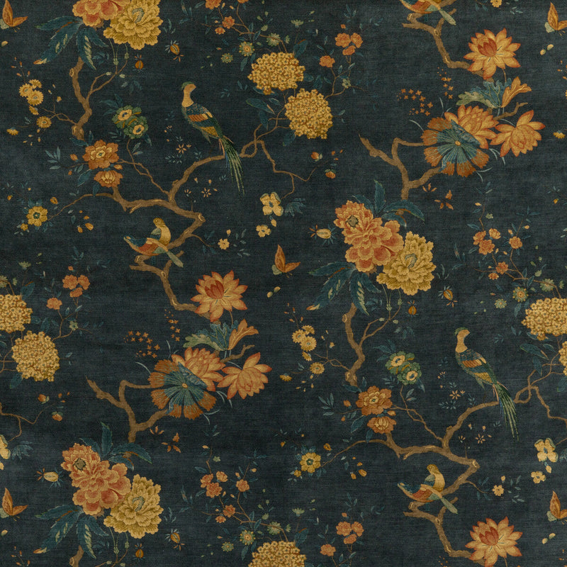 G P & J BAKER - ORIENTAL BIRD VELVET- TEAL - Fabric by the Yard TEAL