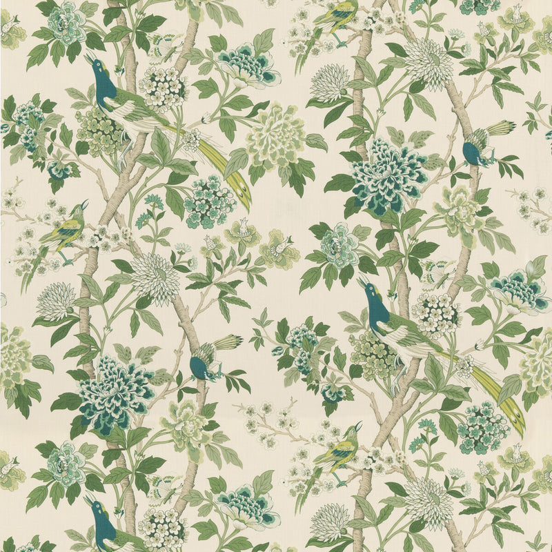 G P & J BAKER - HYDRANGEA BIRD (ARCHIVE)- GREEN - Fabric by the Yard GREEN