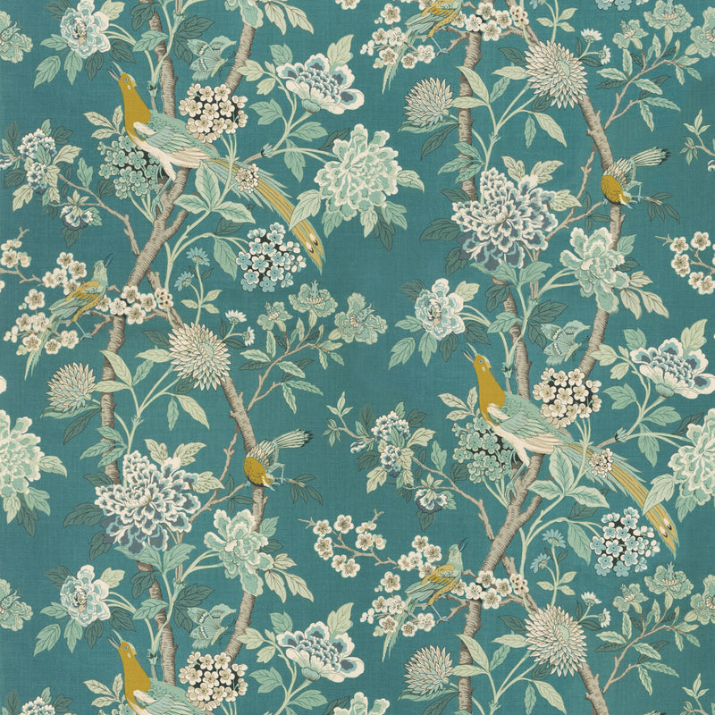 G P & J BAKER - HYDRANGEA BIRD (ARCHIVE)- TEAL - Fabric by the Yard TEAL