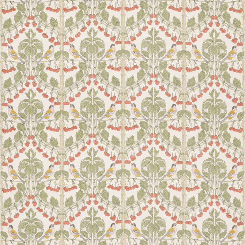 G P & J BAKER - BIRDS & CHERRIES COTTON- RED/GREEN - Fabric by the Yard RED/GREEN