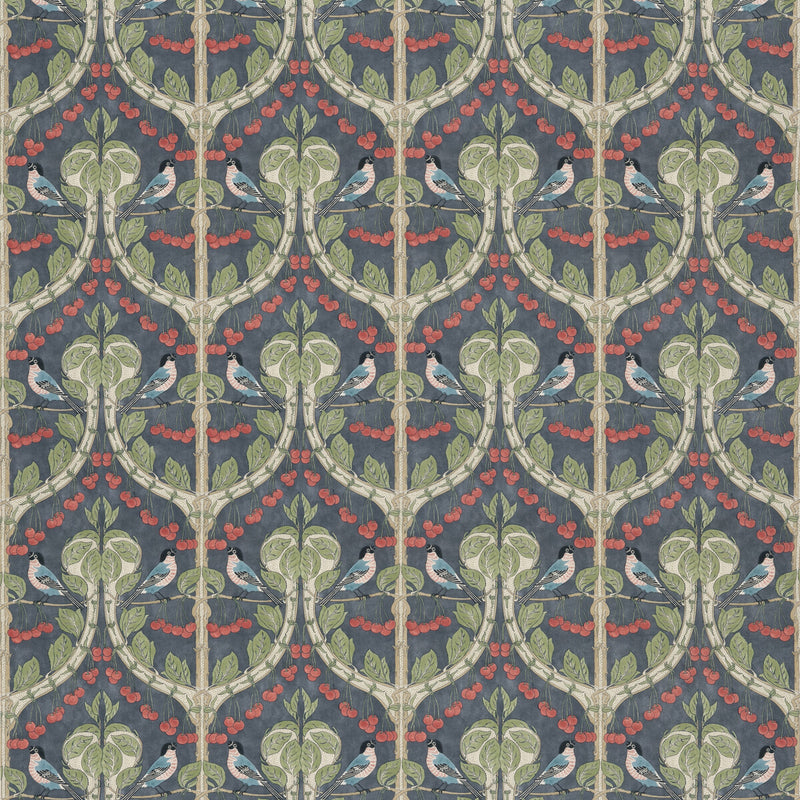 G P & J BAKER - BIRDS & CHERRIES COTTON- INDIGO - Fabric by the Yard INDIGO