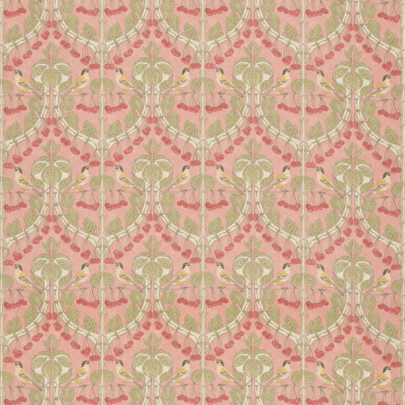 G P & J BAKER - BIRDS & CHERRIES COTTON- CORAL - Fabric by the Yard CORAL