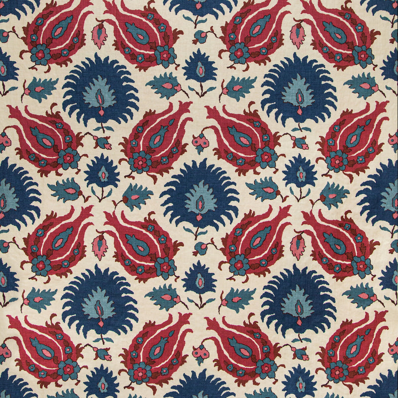BRUNSCHWIG & FILS - KASHMIRI LINEN PRINT- NAVY/BERRY - Fabric by the Yard NAVY/BERRY