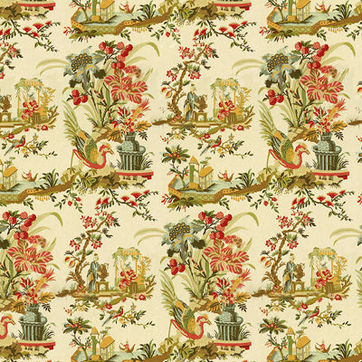 BRUNSCHWIG & FILS - LE LAC LINEN PRINT- TEAL AND MELON ON CREAM - Fabric by the Yard - BR-71163_A