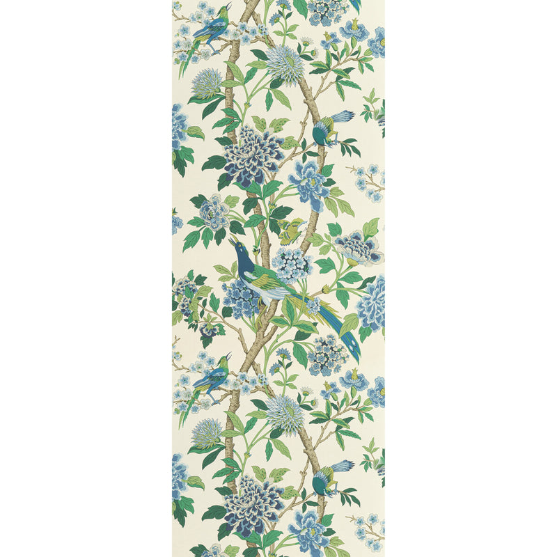 G P & J BAKER - HYDRANGEA BIRD- EMERALD/BLUE - Wallcovering by the Roll EMERALD/BLUE