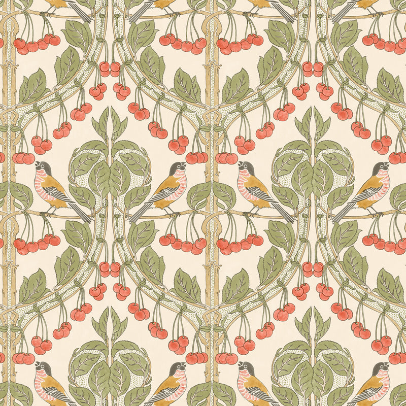 G P & J BAKER - BIRDS & CHERRIES- RED/GREEN - Wallcovering by the Roll RED/GREEN