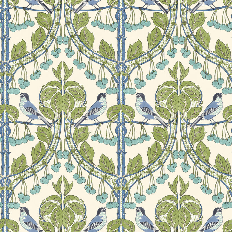 G P & J BAKER - BIRDS & CHERRIES- GREEN/BLUE - Wallcovering by the Roll GREEN/BLUE
