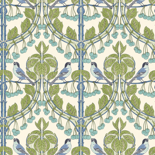 G P & J BAKER - BIRDS & CHERRIES- GREEN/BLUE - Wallcovering by the Roll GREEN/BLUE