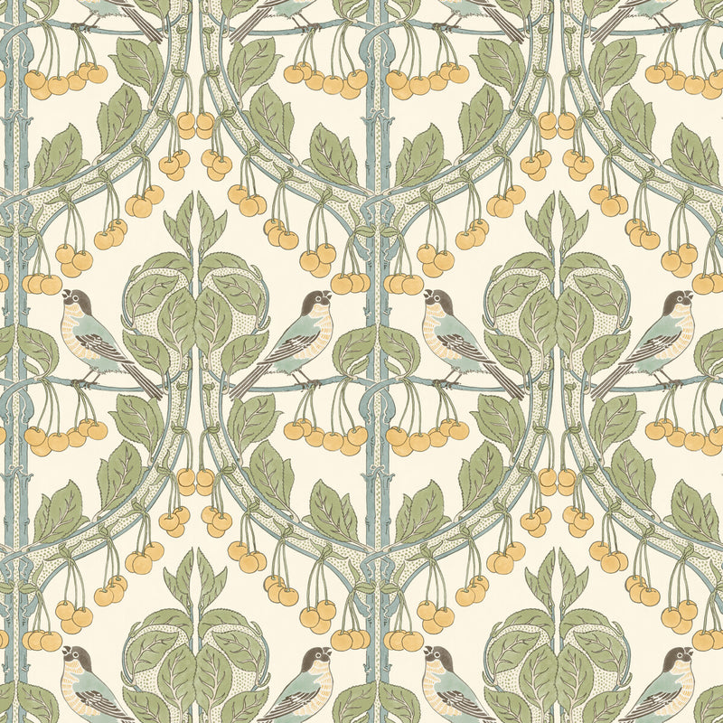 G P & J BAKER - BIRDS & CHERRIES- AQUA - Wallcovering by the Roll AQUA