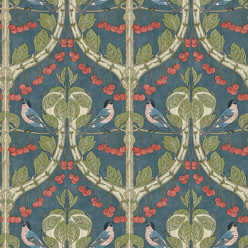 G P & J BAKER - BIRDS & CHERRIES- INDIGO - Wallcovering by the Roll INDIGO