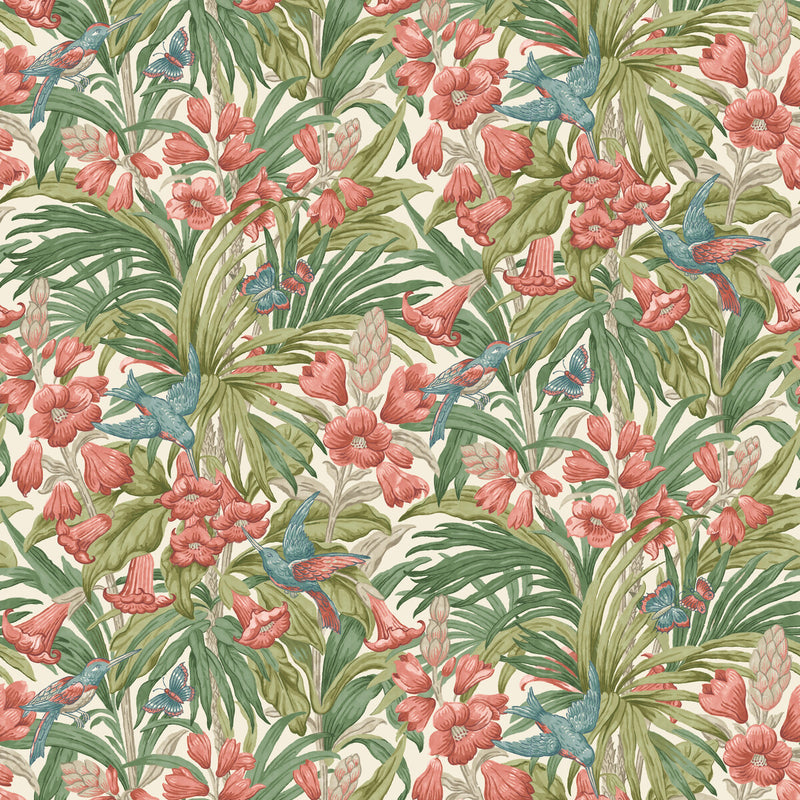 G P & J BAKER - TRUMPET FLOWERS- RED/GREEN - Wallcovering by the Roll RED/GREEN
