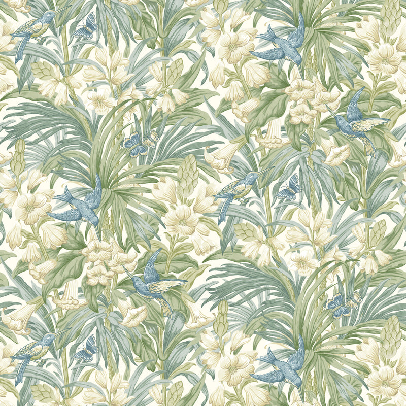 G P & J BAKER - TRUMPET FLOWERS- BLUE/GREEN - Wallcovering by the Roll BLUE/GREEN