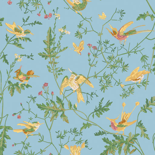 COLE & SON - HUMMINGBIRDS COTTON PRINT- YELLOW/BLUE - Fabric by the Yard YELLOW/BLUE