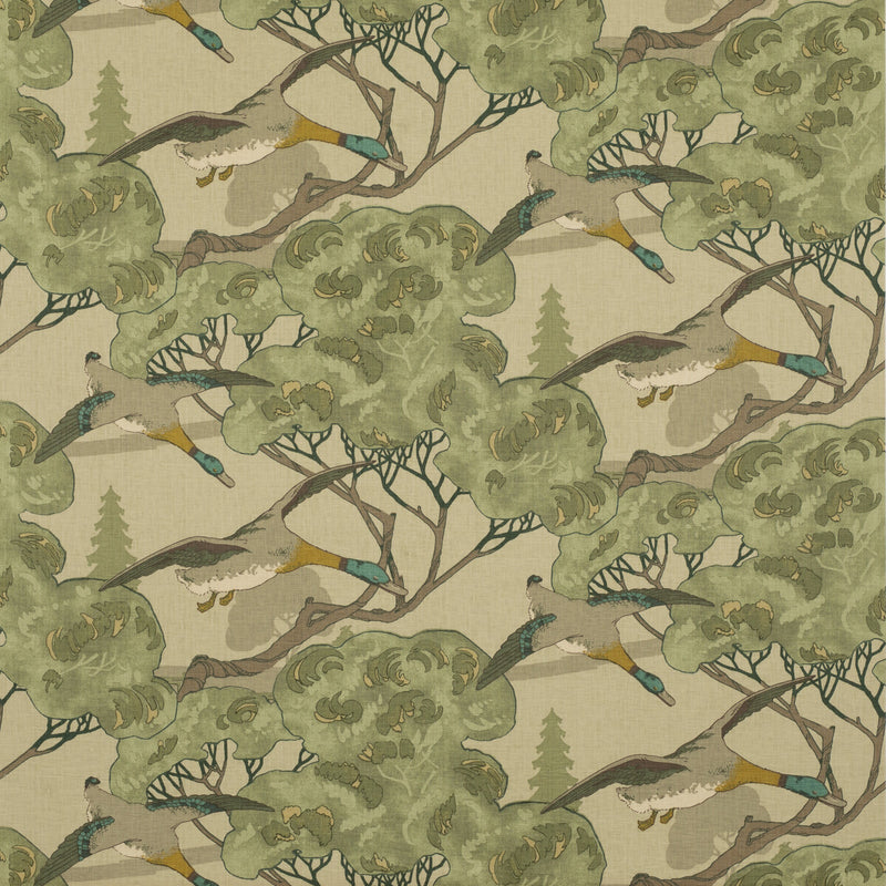 MULBERRY - FLYING DUCKS- EMERALD - Fabric by the Yard EMERALD