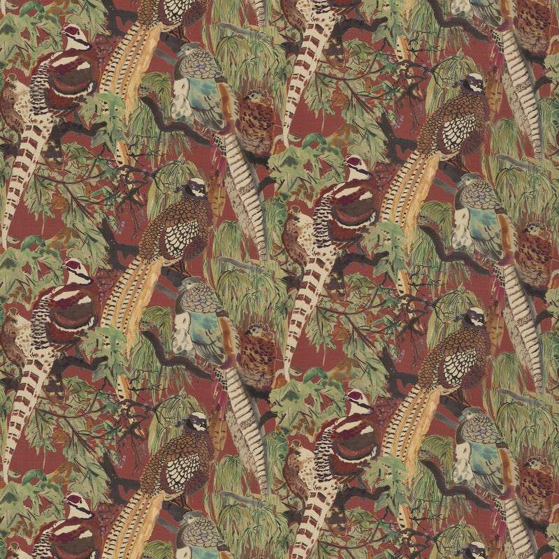 MULBERRY - GAME BIRDS LINEN- RED/PLUM - Fabric by the Yard RED/PLUM