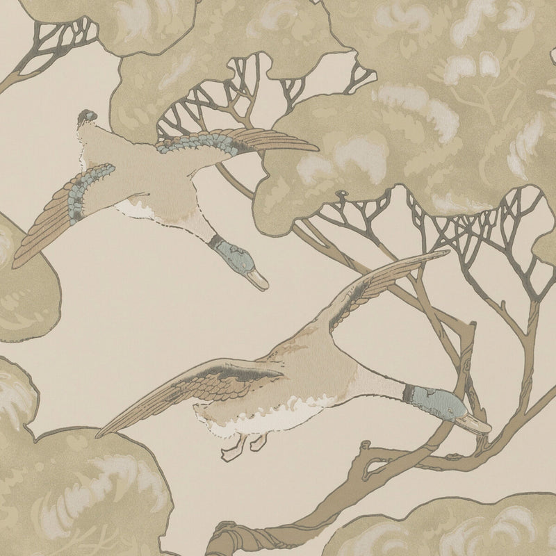 MULBERRY - FLYING DUCKS- SILVER/TAUPE - Wallcovering by the Roll SILVER/TAUPE