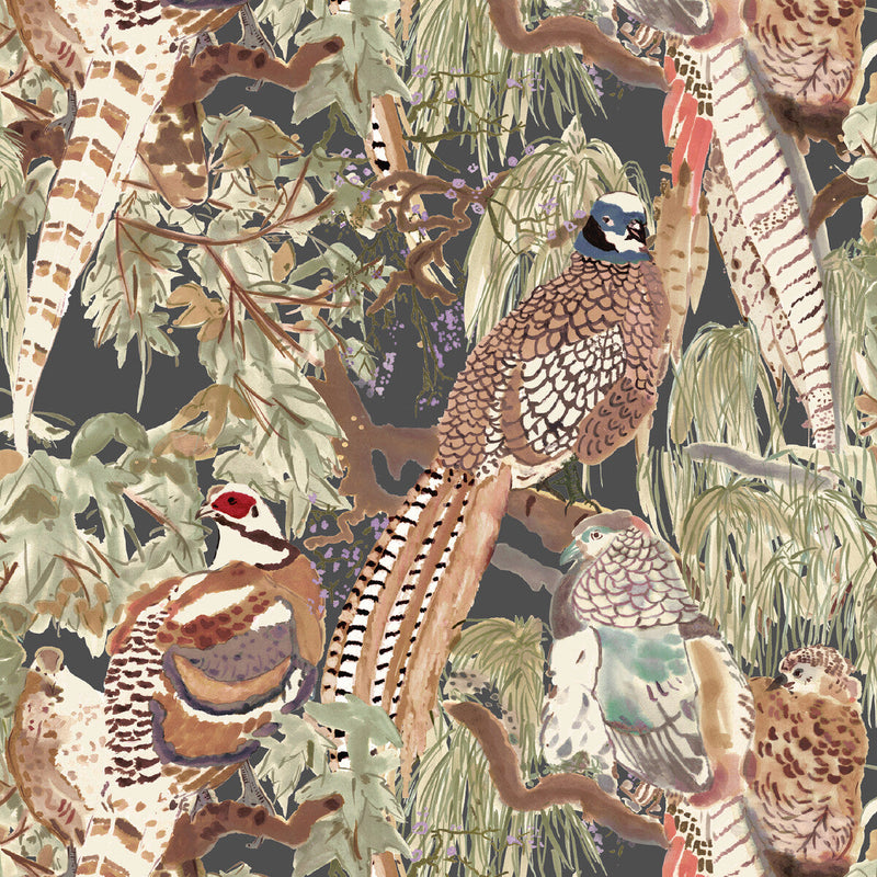 MULBERRY - GAME BIRDS- CHARCOAL - Wallcovering by the Roll CHARCOAL