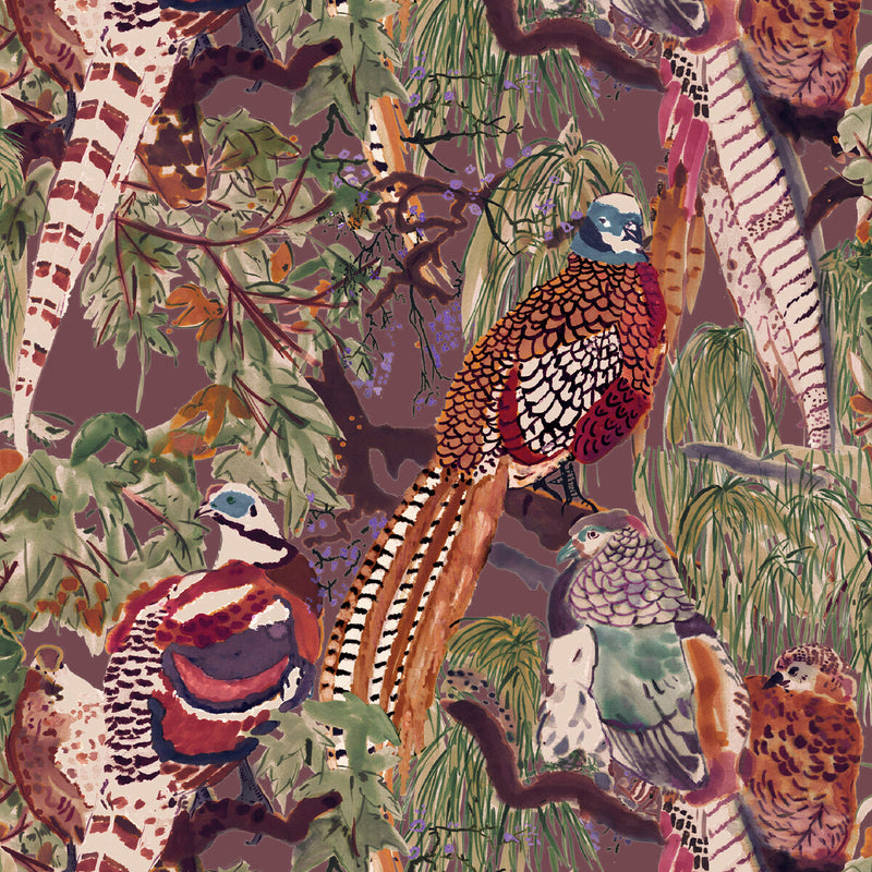 MULBERRY - GAME BIRDS- RED/PLUM - Wallcovering by the Roll RED/PLUM