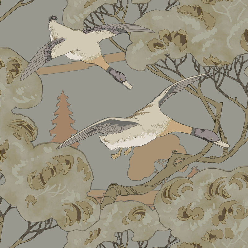 MULBERRY - GRAND FLYING DUCKS- GREY/BLUE - Wallcovering by the Roll GREY/BLUE