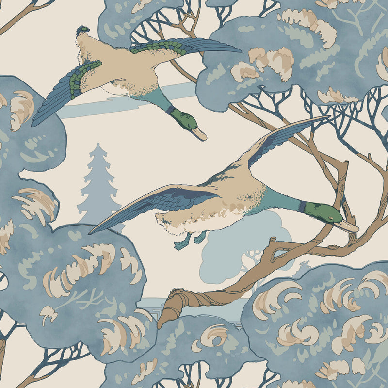 MULBERRY - GRAND FLYING DUCKS- BLUE - Wallcovering by the Roll BLUE