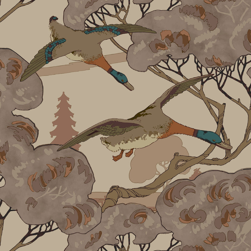 MULBERRY - GRAND FLYING DUCKS- PLUM - Wallcovering by the Roll PLUM