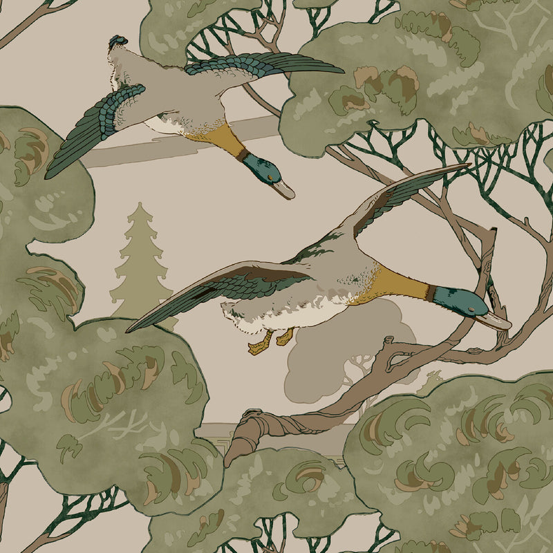 MULBERRY - GRAND FLYING DUCKS- EMERALD - Wallcovering by the Roll EMERALD