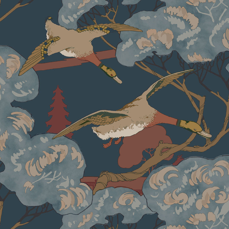 MULBERRY - GRAND FLYING DUCKS- RED/BLUE - Wallcovering by the Roll RED/BLUE