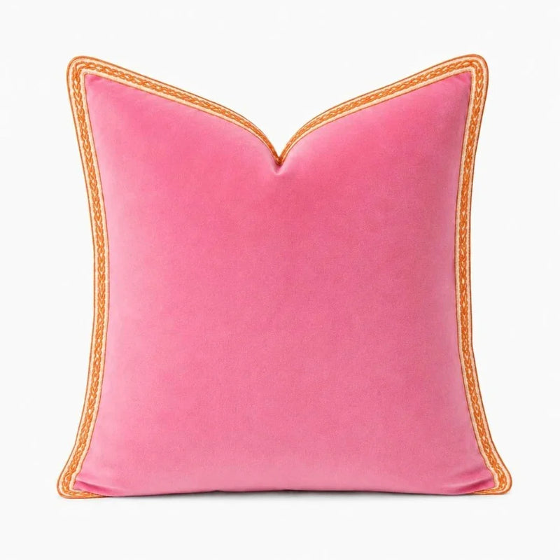 Hot Pink Velvet Pillow with Orange Embroidery, 22x22