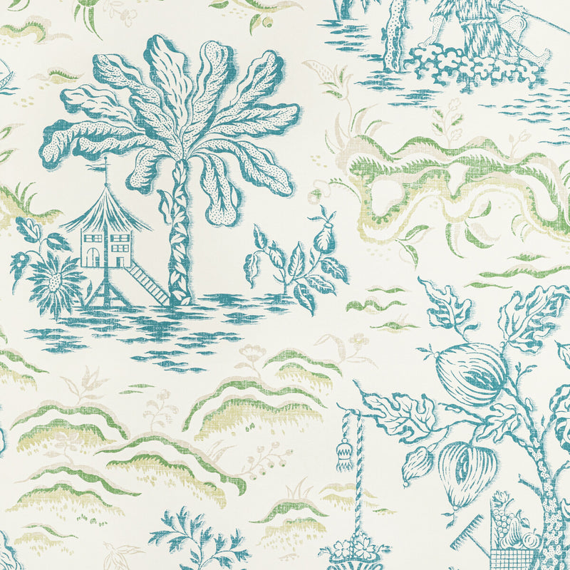 BRUNSCHWIG & FILS - VALENSOLE- TEAL/LEAF - Wallcovering by the Roll TEAL/LEAF