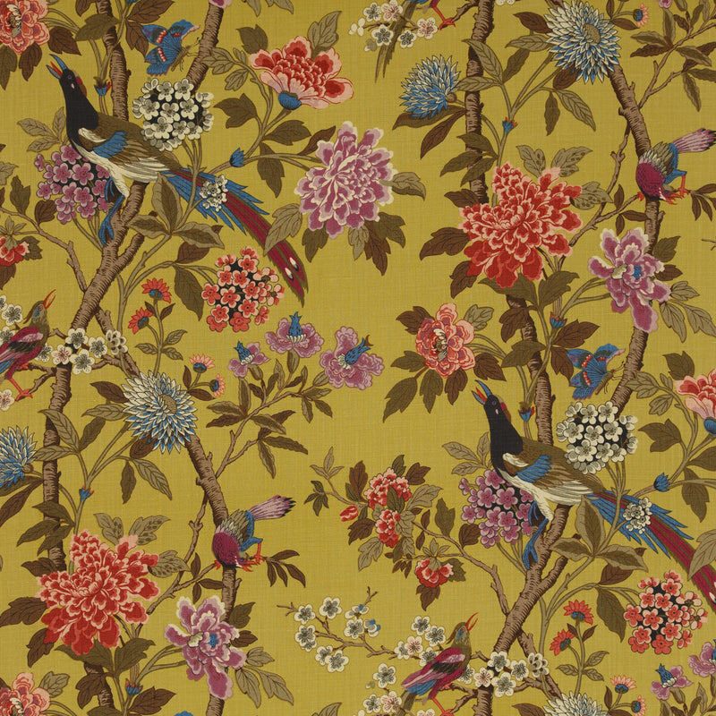 G P & J BAKER - HYDRANGEA BIRD- MUSTARD/MAUVE - Fabric by the Yard MUSTARD/MAUVE