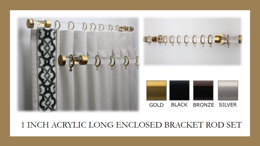 1 Inch Acrylic Lucite Round Drapery Rod Set - Includes Curtain Rod, Long Enclosed Brackets, Rings, and End Caps