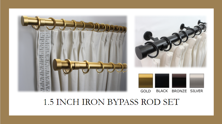 1.5 Inch Iron Round Drapery Rod Set - Includes Curtain Rod, Bypass Brackets, Bypass Rings, and End caps - Free Shipping