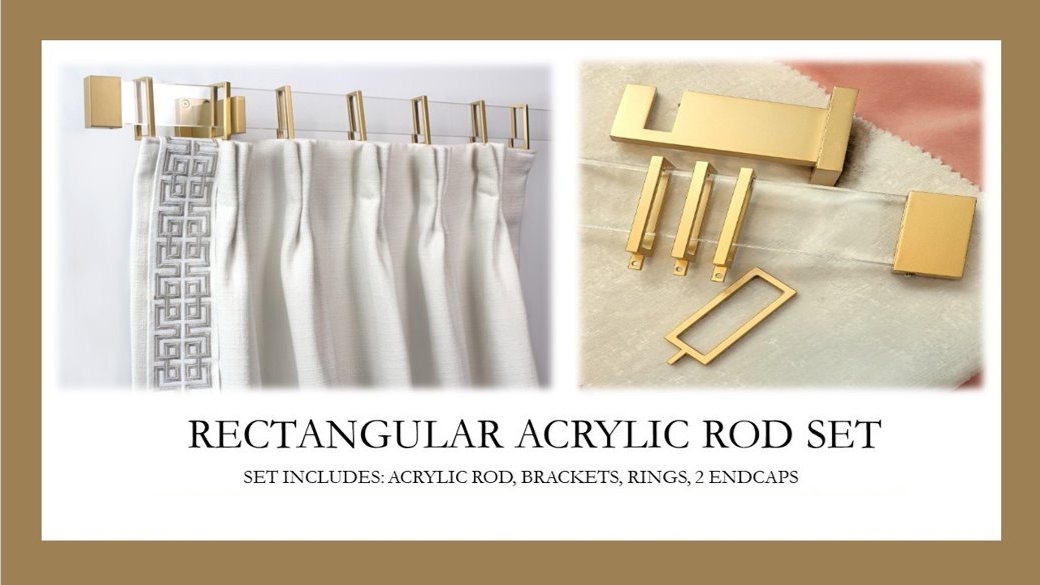 Acrylic Lucite Rectangular Curtain Rod Set- Gold - Includes Drapery Curtain Rod, Brackets, Rings, and End Caps