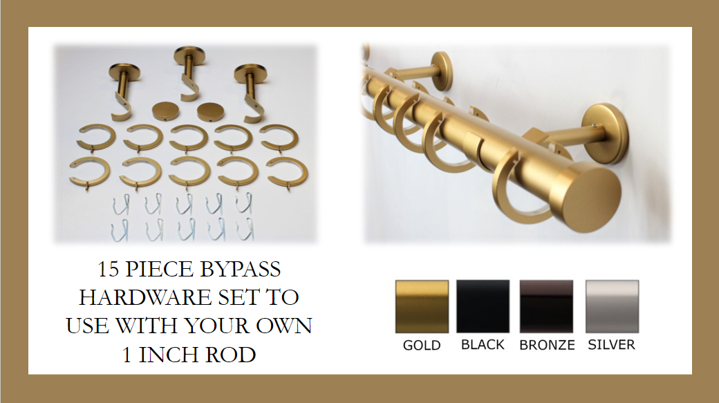 1 Inch Diameter - Bypass/Carryover Curtain Hardware 15 Piece Set - Use With Clear Acrylic or Iron Rod - Gold, Silver, Black, or Bronze Finish