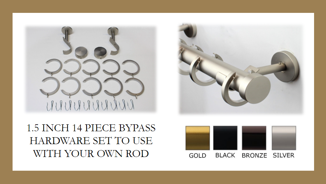 1.5 inch - Bypass/Carryover Brackets and Ring Combo - 14 Piece Set - Use With Clear Acrylic or Iron Rod- Gold, Silver, Black, or Bronze Finish