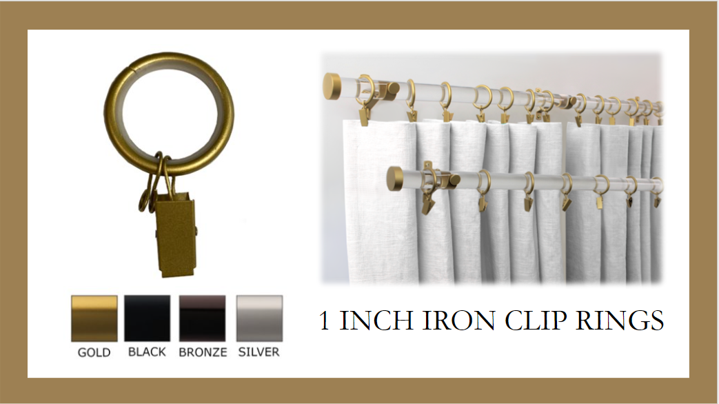1 Inch - Drapery Rings with Clip, Eyelet, and Plastic Insert - Available in Gold, Silver, Bronze and Black Finish